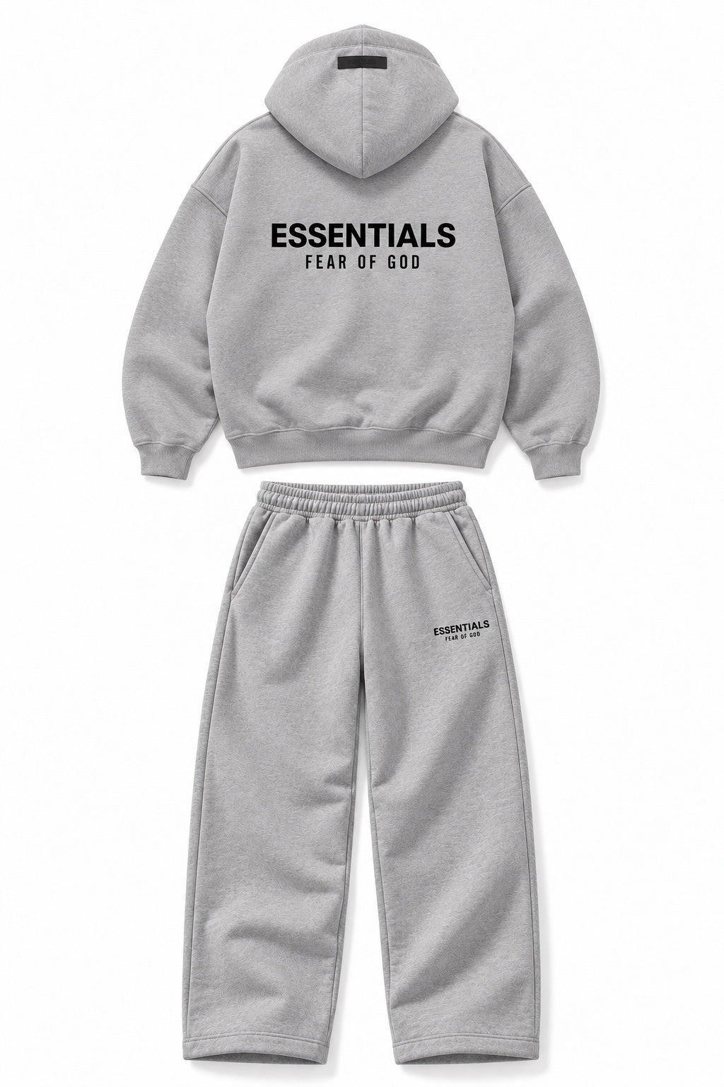 Grey Essentials hoodie and matching wide-leg sweatpants set