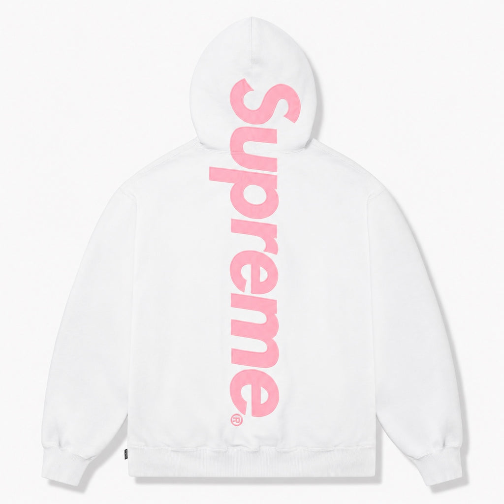 Supreme hoodie back - white with pink print