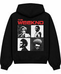 Back view of black The Weekend Hoodie with red THE WEEKND text and four black and white portraits